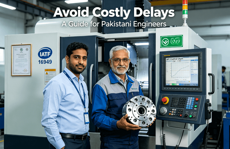 A Pakistani project manager and engineer collaborate in a modern local manufacturing facility, monitoring SPC data and a passed first article inspection for a precision CNC machined part, showcasing high-standard local production capability.