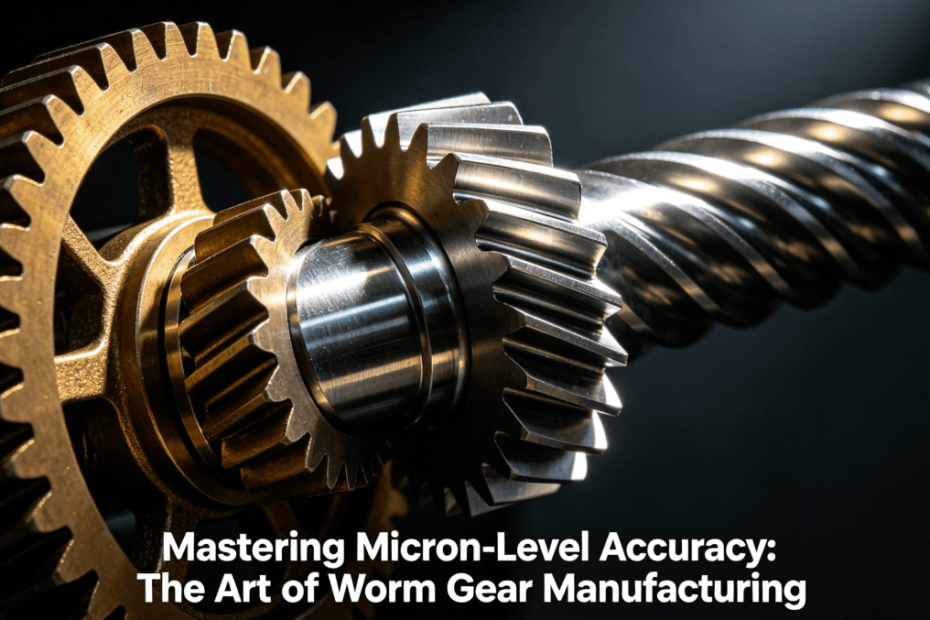 A macro photograph of a high-precision steel worm gear and bronze worm wheel in perfect meshing, showcasing mirror-finish surfaces and precise engineering.