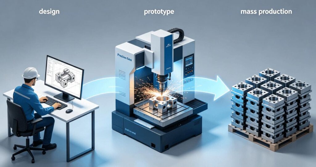 :Infographic illustrating the seamless journey from CAD design and CNC milling prototyping to mass production, highlighting the value of an end-to-end manufacturing partner.