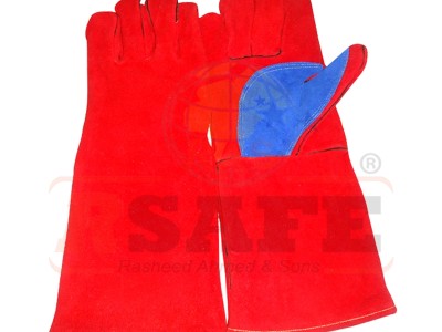 RSAFE-914 Mig Welding Gloves, made from Cow Split Leather have good strength and abrasion resistant. Soft and good thick,full black welted for more resistance Full fleece lined with drill cuff, Thumb and palm is with Blue Cow Split Leather reinforcement