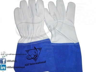 Art No. Alif-018 AllSafeTig Welding Gloves Made Of Full Goatskin Leather With Blue Cow Split Cuff.