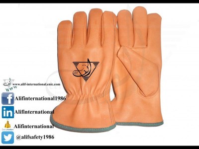 AllSafe Driver Gloves 2. Made Of Full Brown Color Waterproof, Oil Block Goatskin Leather Gloves Inside Kevlar Lined With Green Piping.